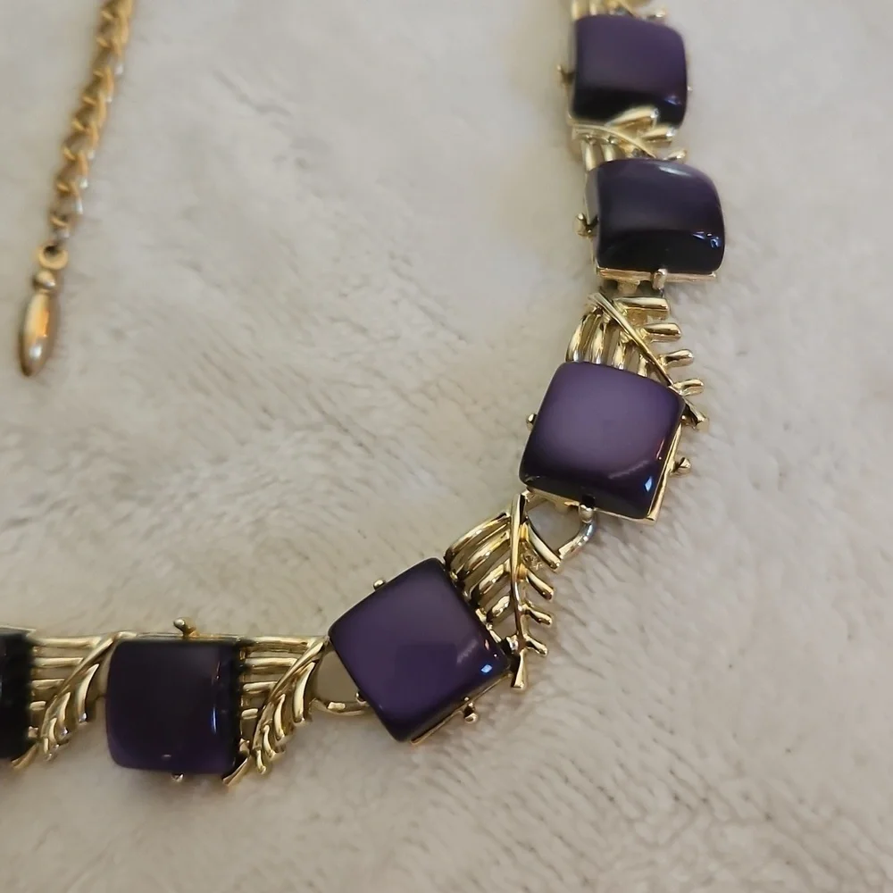 VTG CORO 1940s Purple Botanical Square Thermoset Choker Necklace Bracelet Set
